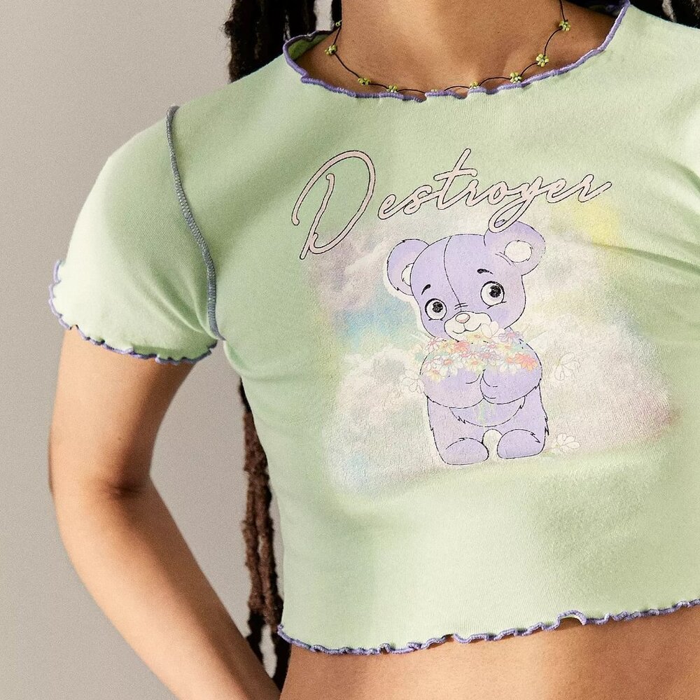Urban Outfitters Destroyer Bear Lettuce Edge Y2K Baby Tee Size M